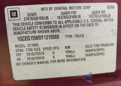 2000 Chevrolet Express from USA, damaged, VIN 1GCEG15W8Y1215569